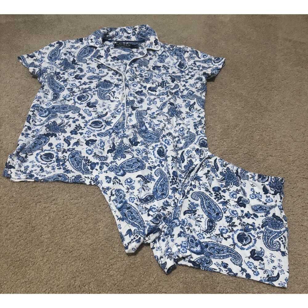 RALPH LAUREN Black Label 2Pc Pajama Set XS Button Top Shorts Blue White Paisley